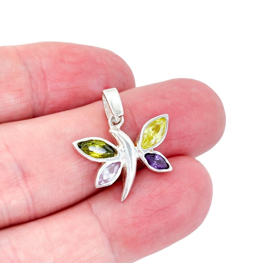 Vintage Sterling Silver 925 Multicolor Cubic Zirconia Dragonfly Pendant